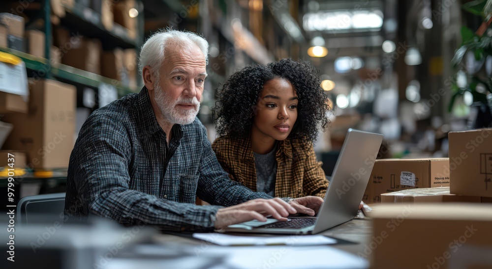 Older man and younger woman collaborating on a project with a laptop in a warehouse setting, emphasizing teamwork and productivity Older man and younger woman collaborating on a project with a laptop in a warehouse setting, emphasizing teamwork and productivity