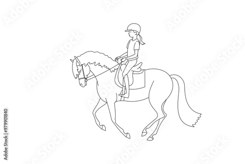 Line art illustration of a girl riding a horse, wearing a helmet and casual riding clothes