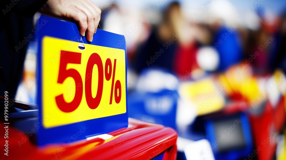 Retail worker placing red and yellow fifty percent off sign Retail worker placing red and yellow fifty percent off sign