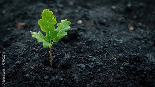 Isolated small oak sapling on dark ground