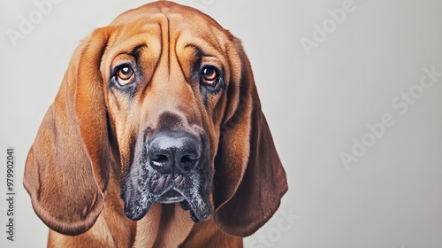 A close-up portrait of a bloodhound dog with droopy ears and soulful eyes, against a light solid color background, showcasing its unique facial features