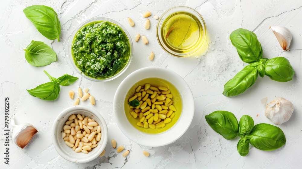Italian pesto ingredients basil pine nuts olive oil garlic salt Traditional cuisine from Italy Overhead view White textured backdrop Italian pesto ingredients basil pine nuts olive oil garlic salt Traditional cuisine from Italy Overhead view White textured backdrop