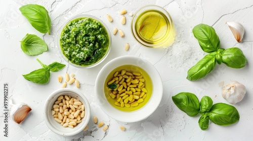 Italian pesto ingredients basil pine nuts olive oil garlic salt Traditional cuisine from Italy Overhead view White textured backdrop