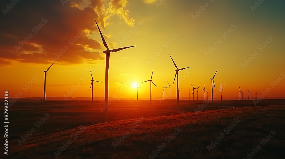 Obraz premium Renewable wind energy powers turbines, providing sustainable electricity. As the sun dips, casting a golden glow on the wind farm, it symbolizes the harmony between energy sustainability