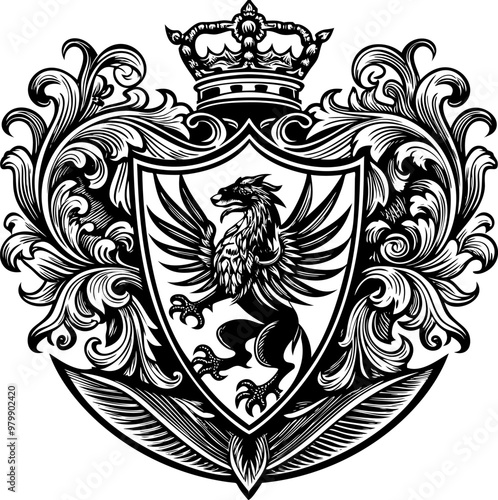 Heraldic shield with royal floral ornament. Vintage crest sign or coat of arms