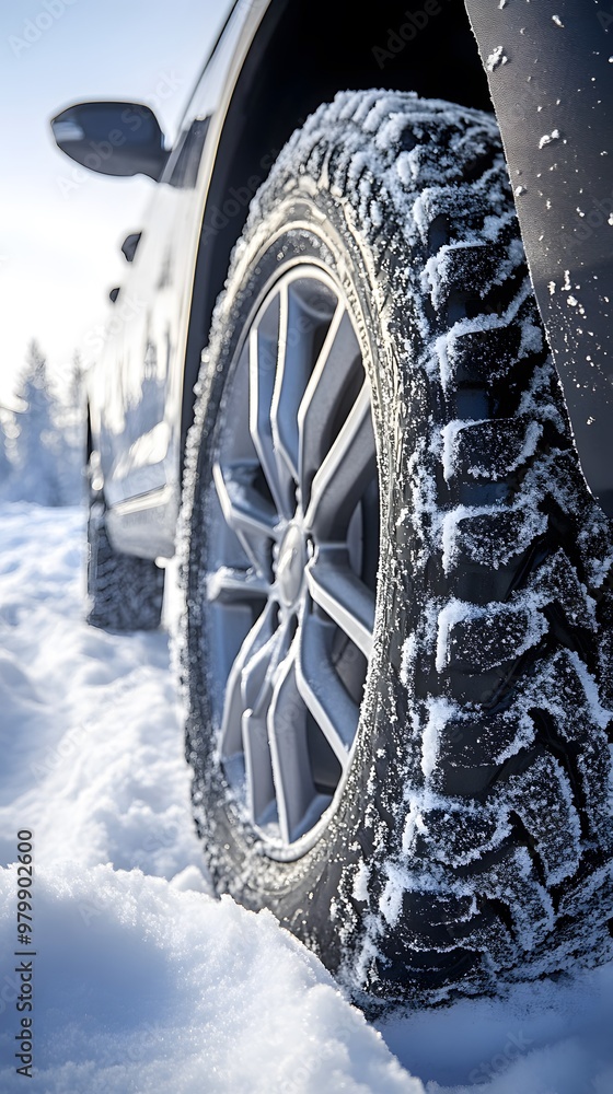 Naklejka premium Close-up of winter tires on a car, with a snowy road in the background