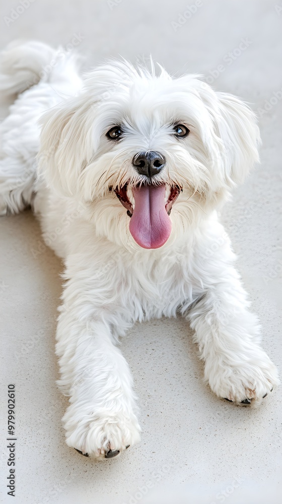 A playful Bolognese dog lying on a smooth, light-colored surface, with its tongue out and a joyful demeanor A playful Bolognese dog lying on a smooth, light-colored surface, with its tongue out and a joyful demeanor