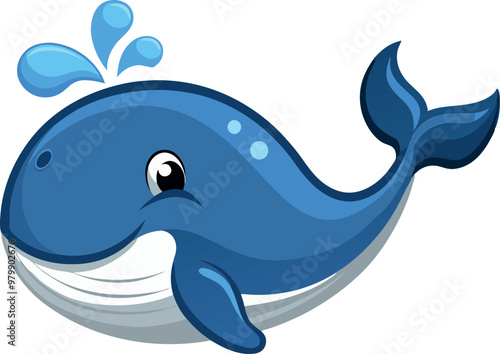 Cute blue whale cartoon character splashing water