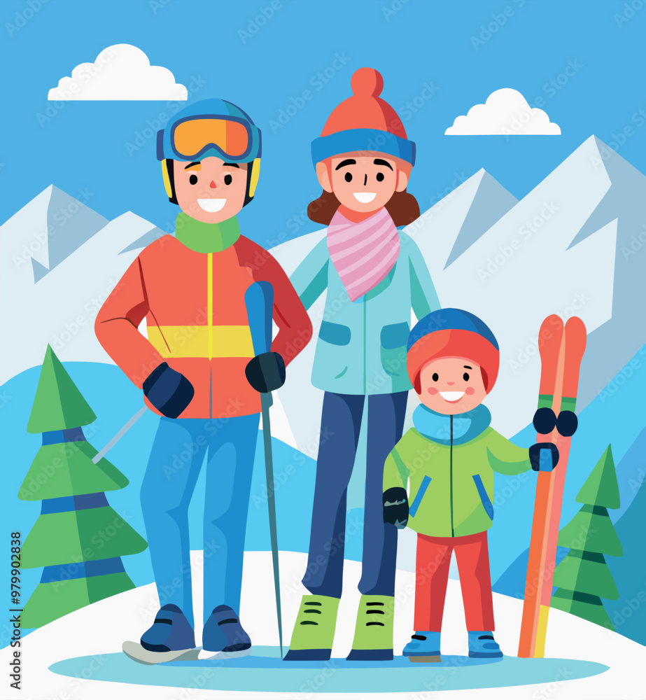 Happy family in winter clothes posing with skiing equipment