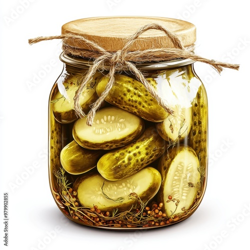 A glass jar filled with pickled cucumbers, showcasing a delicious and healthy snack option, white background photo