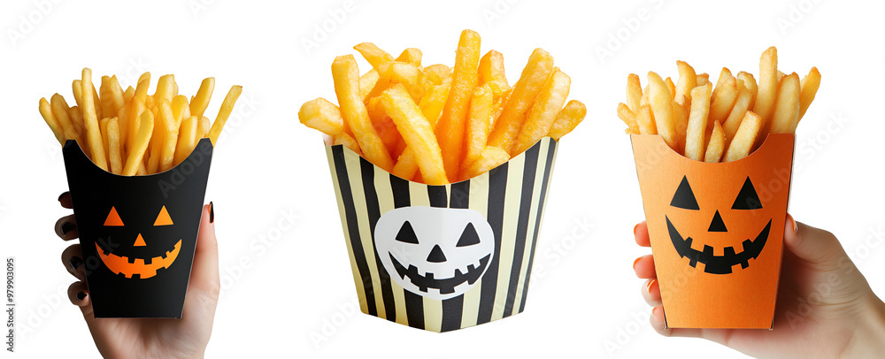 Fototapeta premium Perfect Halloween Mockup: Hand Holding and Decorated Box Set Collection of Fries, Isolated on Transparent Background, PNG