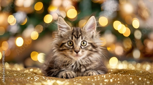 Kitten with green eyes posing in front of a Christmas tree on a gold background