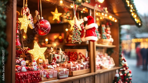 Christmas market stall selling ornaments and decorations at dusk