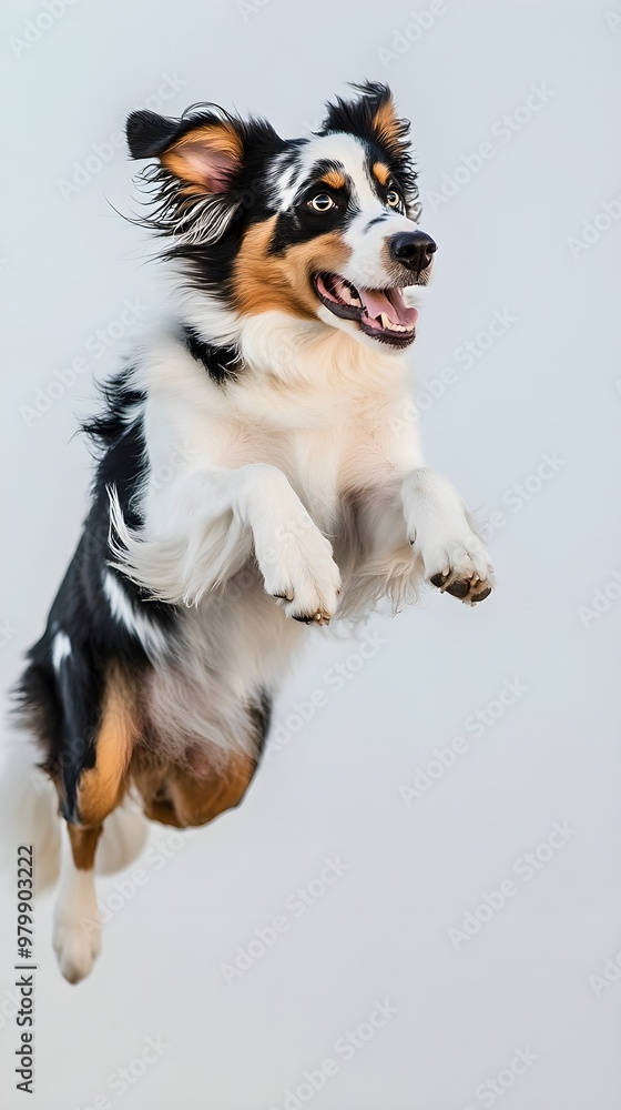 An Australian Shepherd performing an agility jump, captured mid-air against a soft, light solid color background An Australian Shepherd performing an agility jump, captured mid-air against a soft, light solid color background