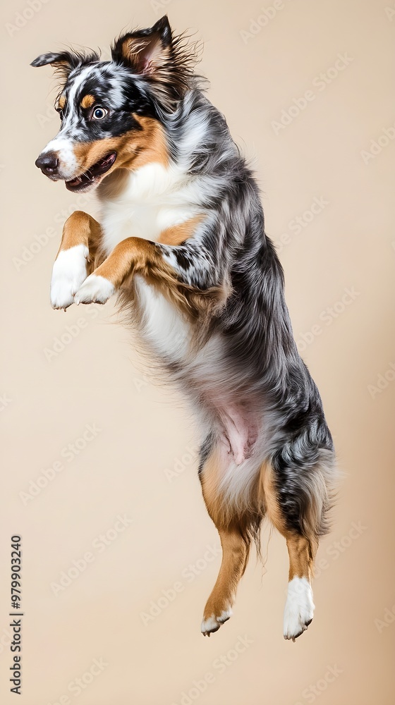An Australian Shepherd performing an agility jump, captured mid-air against a soft, light solid color background An Australian Shepherd performing an agility jump, captured mid-air against a soft, light solid color background