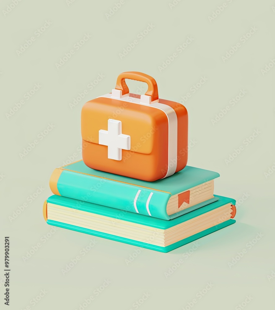 3D icon of a first aid kit on top of two books, with an orange and teal color palette, on a light background, in the cute style, with an isometric view 3D icon of a first aid kit on top of two books, with an orange and teal color palette, on a light background, in the cute style, with an isometric view
