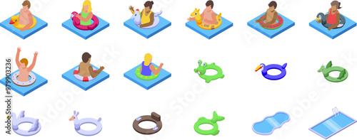 Kids swim rubber ring icons set. People are enjoying their time on inflatable rings of different shapes, swimming pool top view