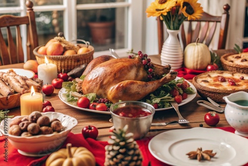 A rich harvest. Autumn background of colorful pumpkins, berries and homemade turkeys on a wooden table. The concept of the Thanksgiving holiday.