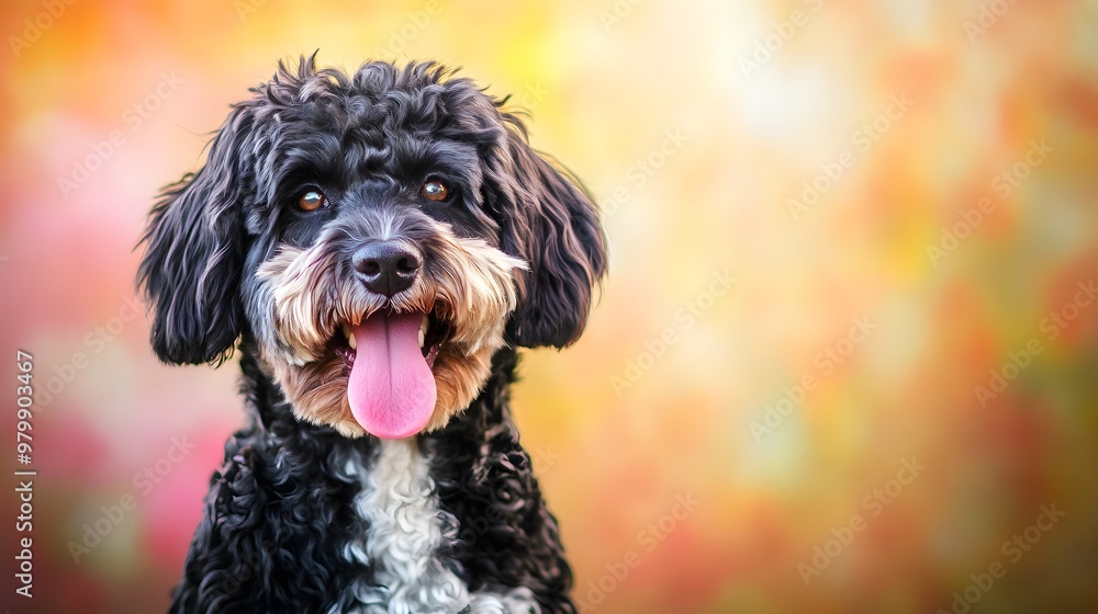 A playful Barbet dog with its tongue out, looking directly at the camera against a soft pastel backdrop A playful Barbet dog with its tongue out, looking directly at the camera against a soft pastel backdrop