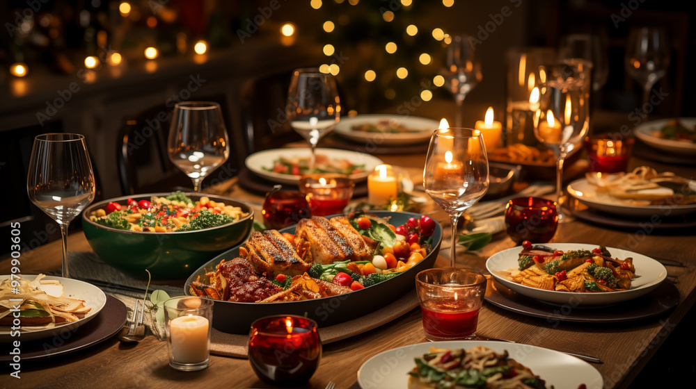 A top-down view of a beautifully set Christmas Eve table, featuring food A top-down view of a beautifully set Christmas Eve table, featuring food