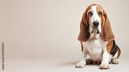 A Basset Hound with droopy ears and soulful eyes sitting on a light solid color background, highlighting its unique features photo