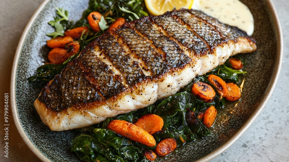 Crispy-skinned sea bass on a bed of sauteed greens, paired with a side of roasted baby carrots and a lemon beurre blanc drizzle on a large oval dish Crispy-skinned sea bass on a bed of sauteed greens, paired with a side of roasted baby carrots and a lemon beurre blanc drizzle on a large oval dish