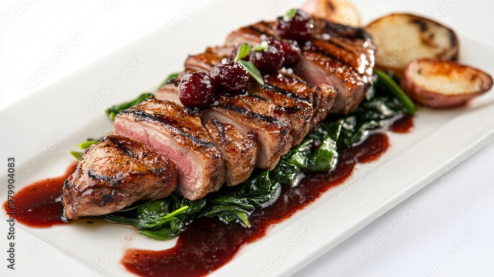 Grilled duck breast with a cherry glaze, accompanied by a bed of sautéed spinach and roasted turnips, arranged elegantly on a white rectangular plate Grilled duck breast with a cherry glaze, accompanied by a bed of sautéed spinach and roasted turnips, arranged elegantly on a white rectangular plate