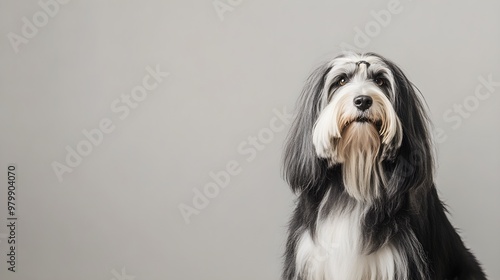 A fluffy Bearded Collie with a soft coat sitting gracefully on a light solid color background, showcasing its expressive eyes and gentle demeanor