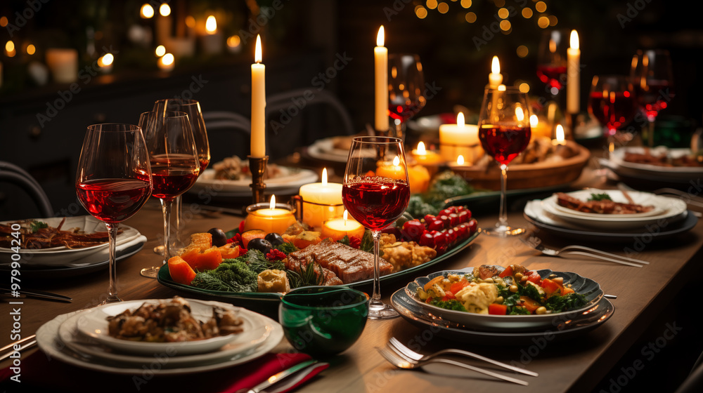 A top-down view of a beautifully set Christmas Eve table, featuring food A top-down view of a beautifully set Christmas Eve table, featuring food