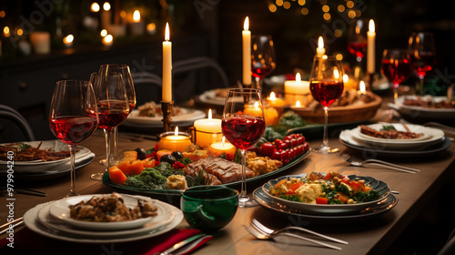 A top-down view of a beautifully set Christmas Eve table, featuring food