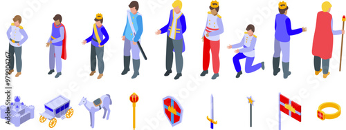 Prince character icons set. Royal family members wearing luxurious clothes are posing and medieval kingdom attributes isometric icons set