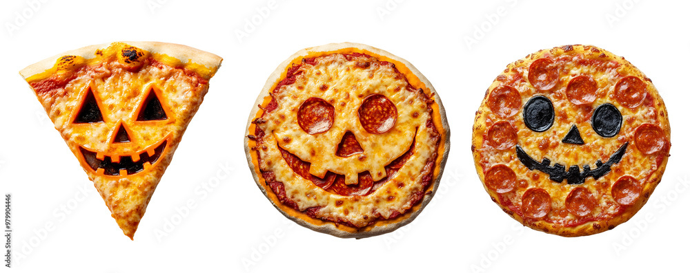 Set of Halloween Pizza Collection: Pizzas with Jack-o’-lantern Face, Whole Pizza and Slice, Isolated on Transparent Background, PNG Set of Halloween Pizza Collection: Pizzas with Jack-o’-lantern Face, Whole Pizza and Slice, Isolated on Transparent Background, PNG