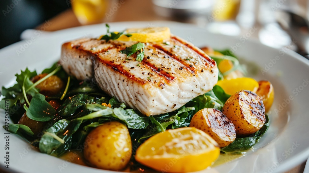 Grilled swordfish steak on a bed of wilted greens, paired with a citrus salad and roasted baby potatoes, drizzled with a light lemon vinaigrette Grilled swordfish steak on a bed of wilted greens, paired with a citrus salad and roasted baby potatoes, drizzled with a light lemon vinaigrette