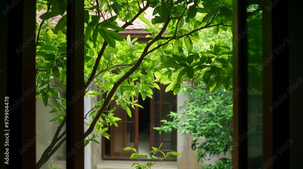 Lush and Verdant Forest View Framed by Foliage Through Window Lush and Verdant Forest View Framed by Foliage Through Window