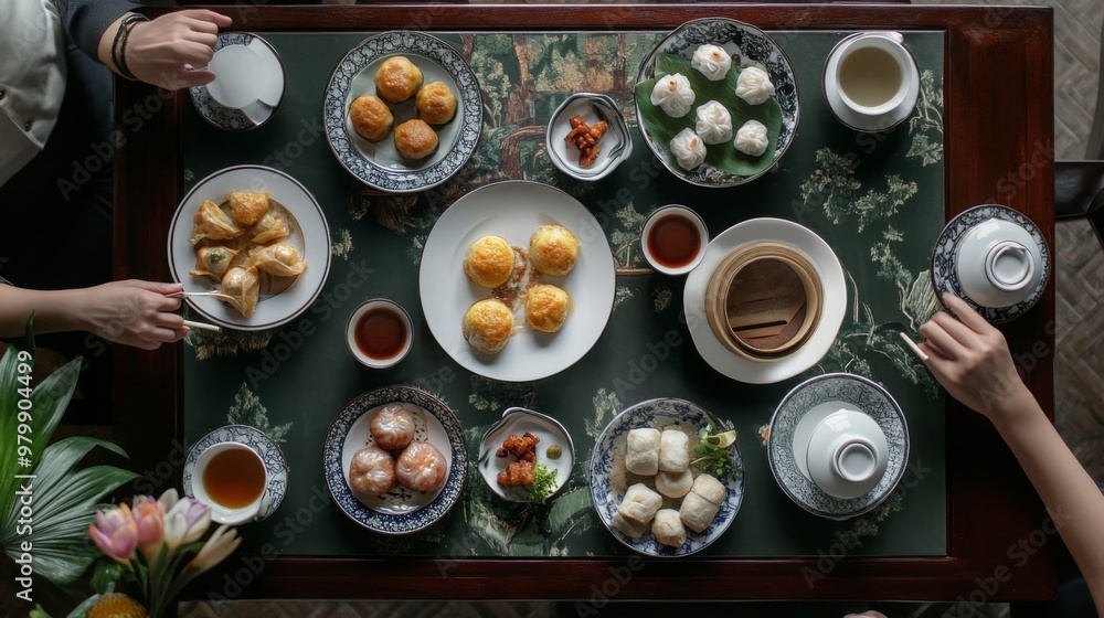 An overhead view of a table set for dim sum with various arranged neatly on plates, accompanied by dipping sauces and tea cups. An overhead view of a table set for dim sum with various arranged neatly on plates, accompanied by dipping sauces and tea cups.
