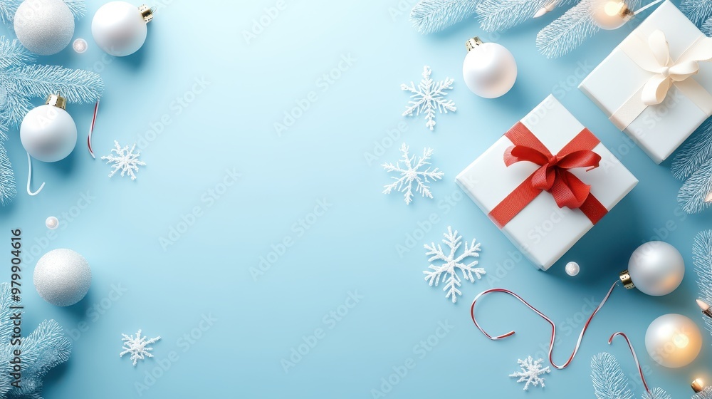Fototapeta premium A holiday sale flyer with snowflakes and festive decorations, promoting limited-time deals and discounts.