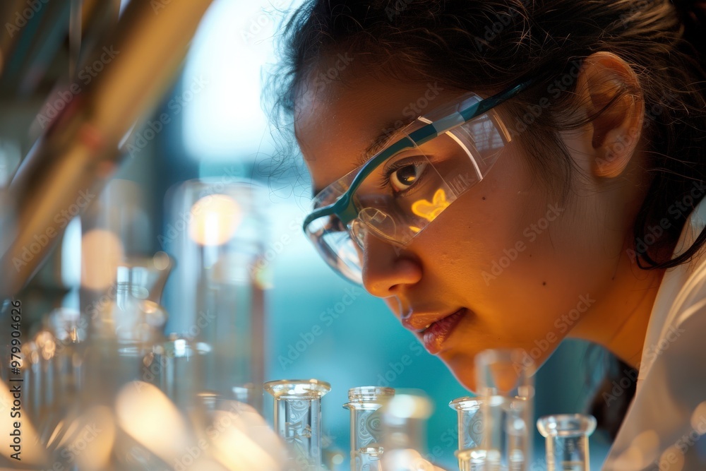 A woman wearing safety goggles is looking at a bunch of glass vials, generative ai image A woman wearing safety goggles is looking at a bunch of glass vials, generative ai image
