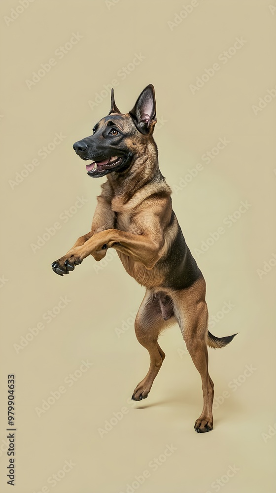 Obraz premium A Belgian Malinois dog in a playful stance, with a light solid color background emphasizing its muscular build and agility