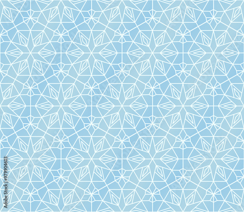 Abstract geometric pattern with star shapes in cold tones, seamless winter background for packaging and gifts