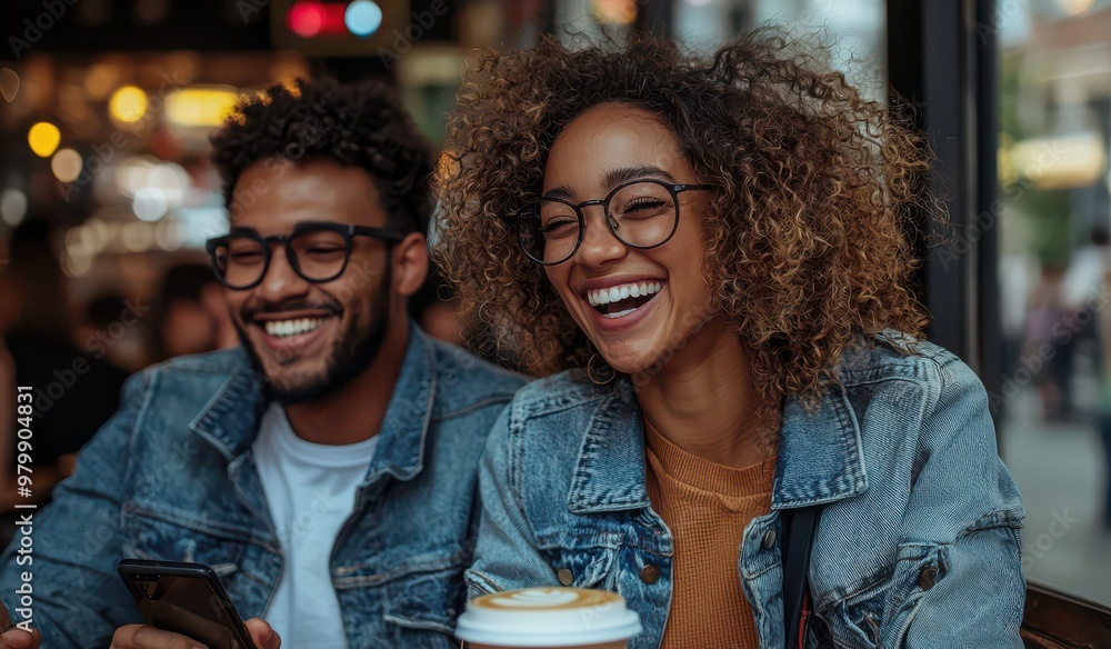 Two happy people enjoying a relaxed conversation at a cafe while smiling and wearing glasses and denim jackets Two happy people enjoying a relaxed conversation at a cafe while smiling and wearing glasses and denim jackets