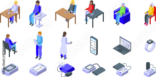 Measure blood pressure icons set. Collection of diverse people checking their blood pressure using various methods, along with medical professionals examining the data