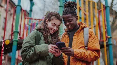 Teen Friendship and Technology in Urban Playground - Autumn Outdoor Activity. Generative ai