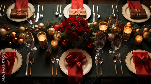 A top-down view of a beautifully set Christmas Eve table, featuring food