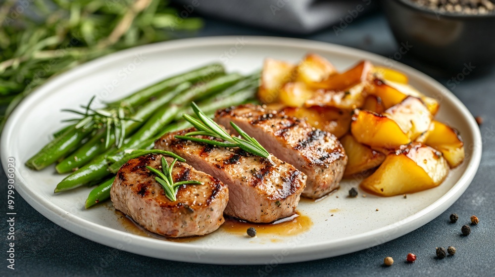 Succulent pork tenderloin medallions, arranged with a side of caramelized apples and sautéed green beans, garnished with fresh rosemary on a white porcelain plate Succulent pork tenderloin medallions, arranged with a side of caramelized apples and sautéed green beans, garnished with fresh rosemary on a white porcelain plate