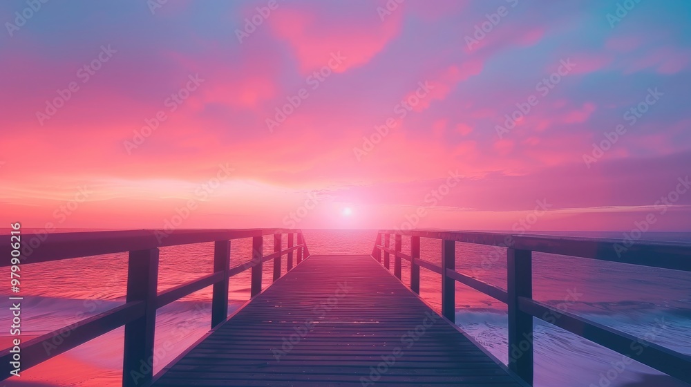 Obraz premium Message in clear sky above wooden bridge by sea in port at beautiful Sunset Twilight horizon colorful sky space to write