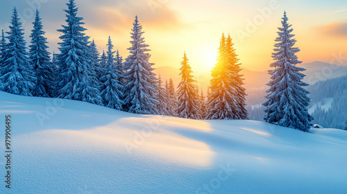 Sunrise Over Snowy Mountain Landscape With Tall Pine Trees and a Serene Winter Atmosphere in the Early Morning Light