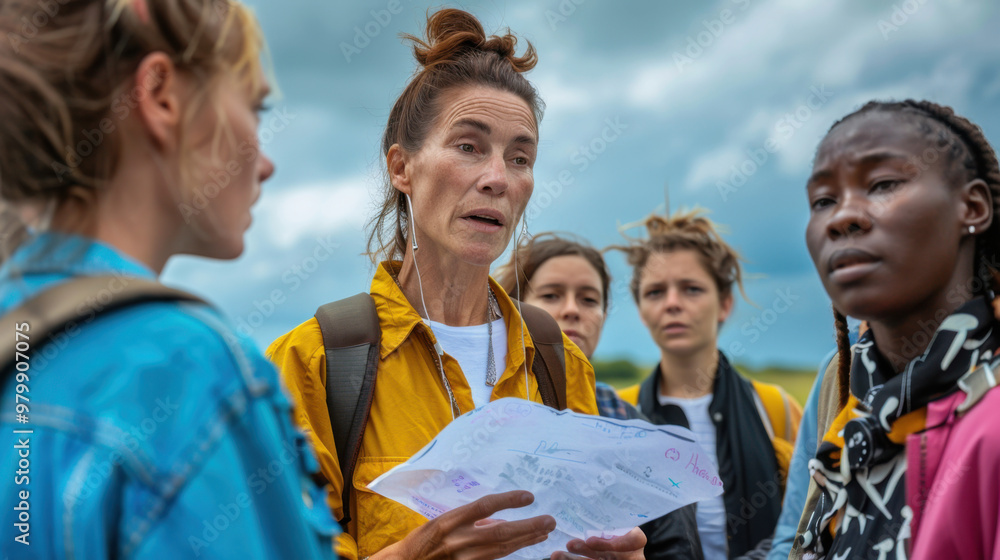 Group of Women Discussing a Map during Outdoor Adventure Expedition. Generative ai Group of Women Discussing a Map during Outdoor Adventure Expedition. Generative ai