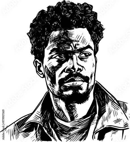 Man portrait in hand drawing or engraving style. 60s styled beautiful comic book character, black and white