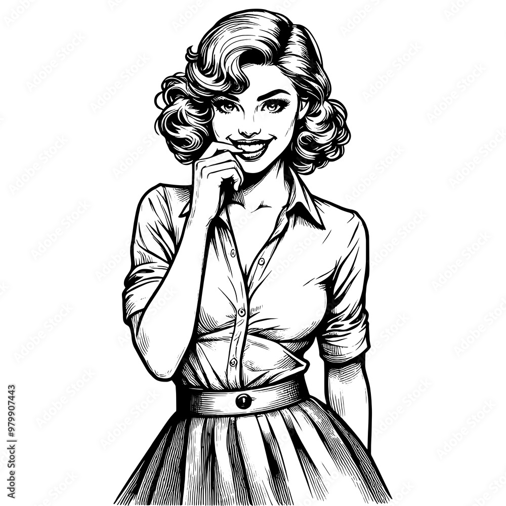 Playful smiling beautiful young woman flirty biting her finger sketch engraving generative ai fictional character PNG illustration. Scratch board imitation. Black and white image. Playful smiling beautiful young woman flirty biting her finger sketch engraving generative ai fictional character PNG illustration. Scratch board imitation. Black and white image.