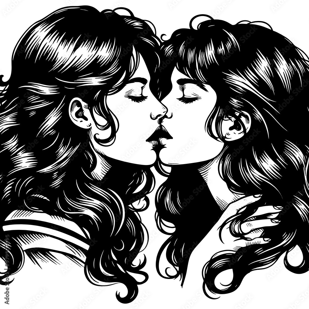 two women in retro fashion, embracing and sharing a kiss, a moment of affection sketch engraving generative ai fictional character PNG illustration. Scratch board imitation. Black and white two women in retro fashion, embracing and sharing a kiss, a moment of affection sketch engraving generative ai fictional character PNG illustration. Scratch board imitation. Black and white